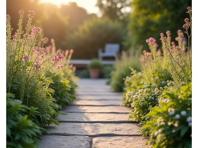 Jardín multisentido con plantas aromáticas y senderos texturizados